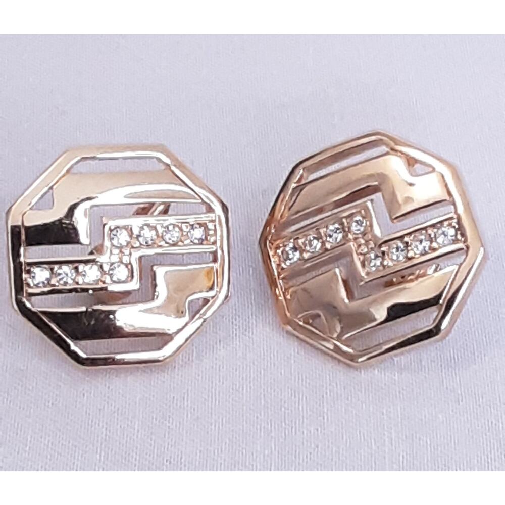 💎Avon Stud Earrings 1986 Gold Tone Rhinestone Octagon Clip On